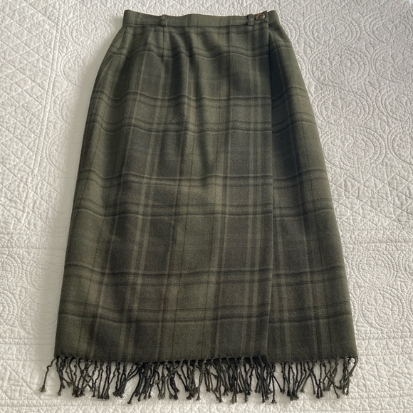 Ralph Lauren Vintage Plaid Tartan Tweed Wrap Fringed Maxi Skirt Green 4 - Picture 3 of 13